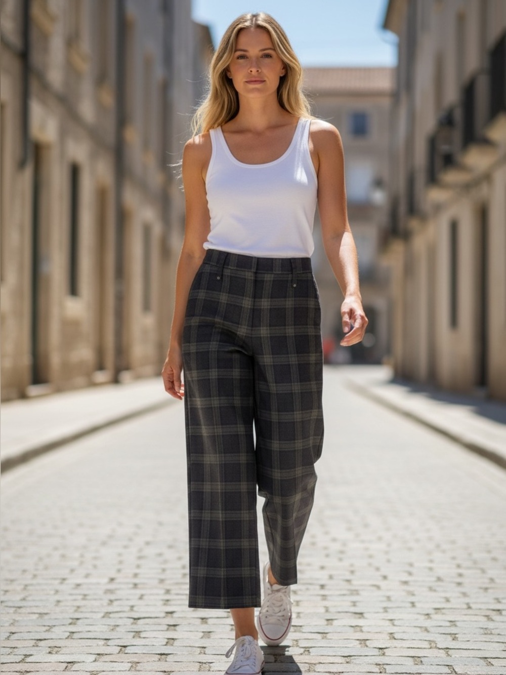 Lysse Plaid Wide-Leg Crop Pants - Gray Plaid New XS